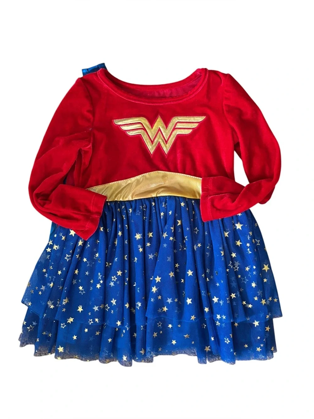 Wonder Woman Toddler 3T Velvet Dress Crinoline Skirt Attached Cape Logo Dress Up